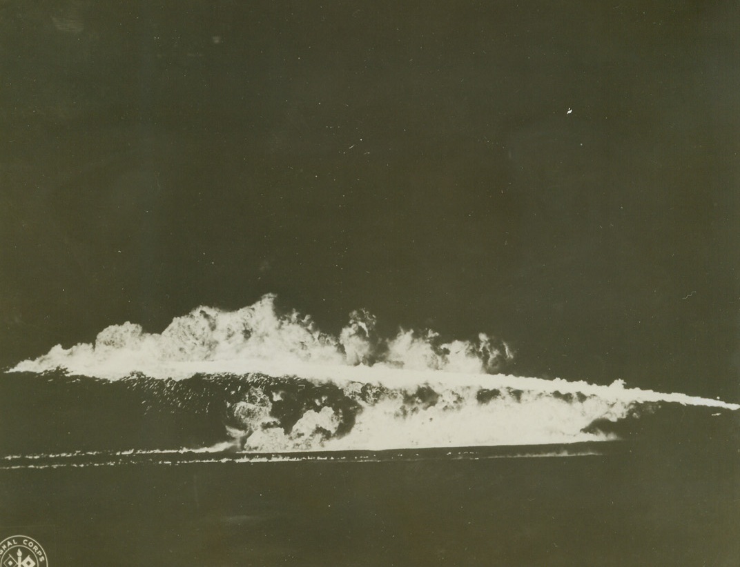 Modern Dragon, 1/24/1945. Pacific – Spouting flame like some terrible dragon, the Army’s new flamethrowing tank spews a solid stream of devastating fire in a night demonstration at a Pacific base. Developed in Lt. Gen. Robert C. Richardson’s Pacific Ocean Areas Command, the new weapon uses an oil-like substance to blanket Jap installations with flaming death. Credit: Signal Corps photo from ACME;