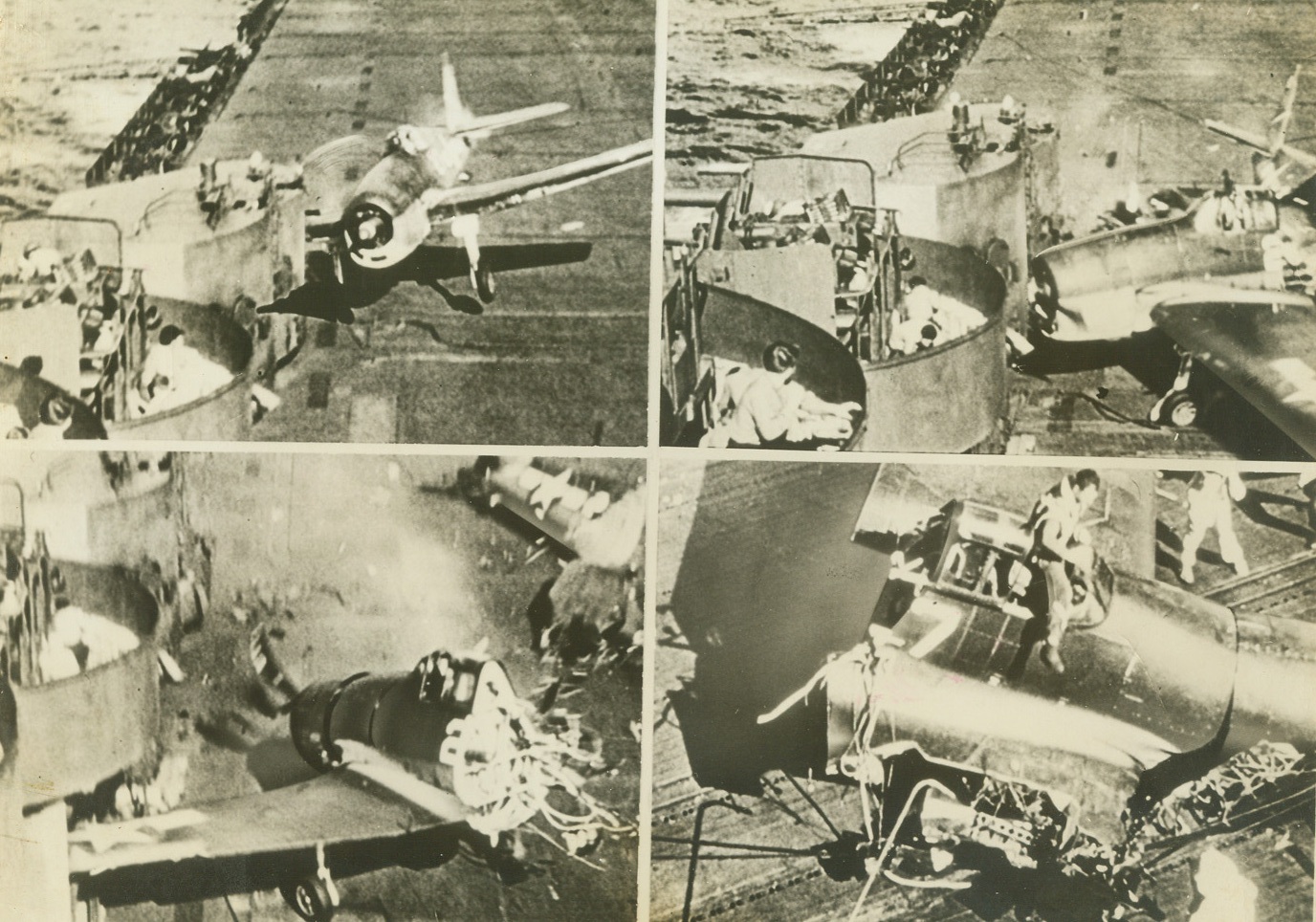 Drama Aboard the “Fighting Lady”, 1/5/1945. Pacific – This series of pictures depicts one of the most spectacular scenes from the U.S. Navy documentary film, “The Fighting Lady,” distributed by 20th Century-Fox. Action occurred when a Navy pilot came in for a landing on his carrier’s flight deck – plane out of control. The plane, upper left, prop whirling, swerves into the island at the side of the carrier. As the right wing smashes into the tower, the plane swings around, telescoping the nose and splitting the fuselage. At lower left, the plane has been brought to a stop after reversing its field. Men in gun turret bend low to lessen shock of concussion. Wires trail from front end of fuselage but the cockpit is intact. In last photo, lower right, the pilot, miraculously unhurt, climbs out of his seat. Credit: U.S. Navy photo from ACME;