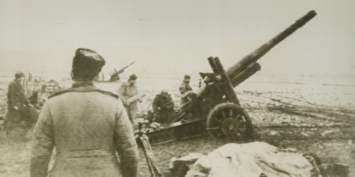Russians Are 137 Miles from Berlin, 1/23/1945. CZECHOSLOVAKIA—Lieutenant Durandin’s battery of long-range guns, which helped to rout the Germans at Stalingrad, now have the Nazis on the run as they fire at German fortifications in Czechoslovakia. Recent reports from the front indicate that Soviet forces are only 137 miles from Berlin.Credit: ACME;