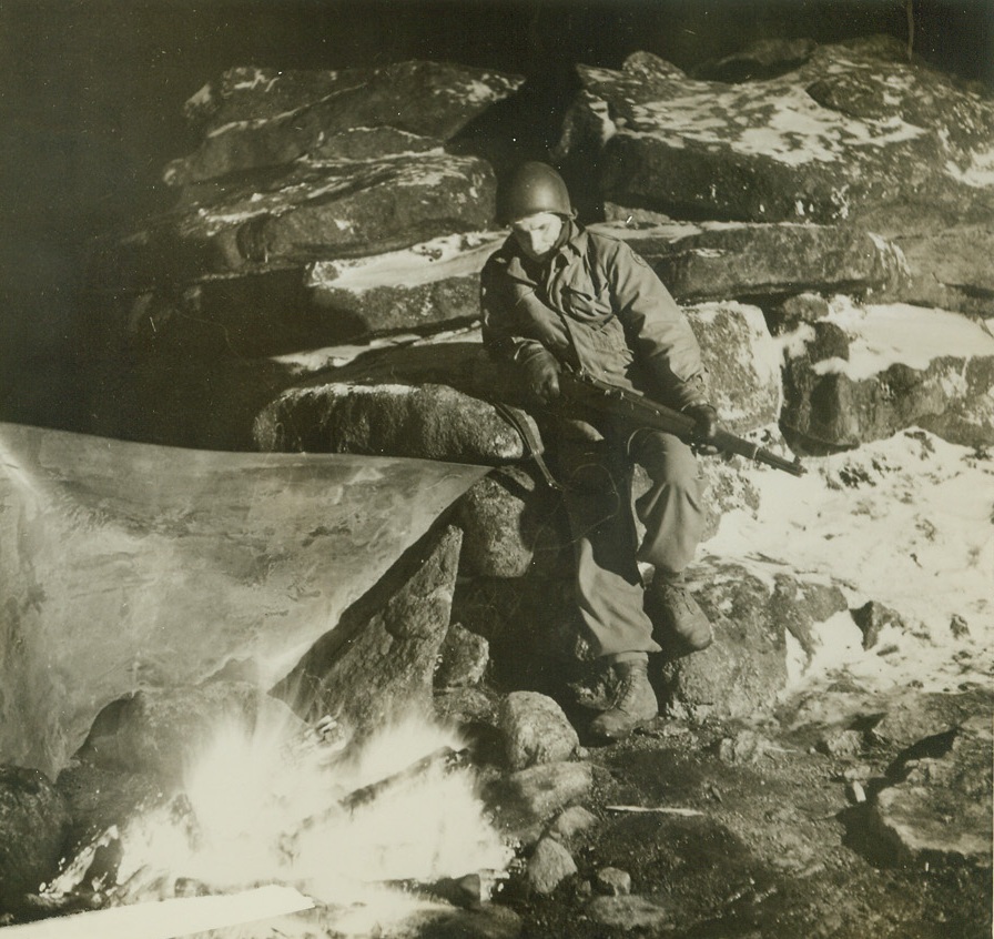 This year, witches didn’t ride on May 1, 5/21/1945. BROCKEN, GERMANY – According to German legend, on Walpurgisnacht, May 1, witches ride though space on broomsticks and goats, then meet at the “Devil’s Pulpit” on Brocken to dance around the fire. Previously Hitler’s Youth gathered here on that night to hear their leaders, but this year neither of the devils appeared, and the only fire was lit by Sentry Pfc. Hershel Goddard, of Anderson, Ind., as protection from the howling wind atop Brocken. Credit (ACME) (WP);