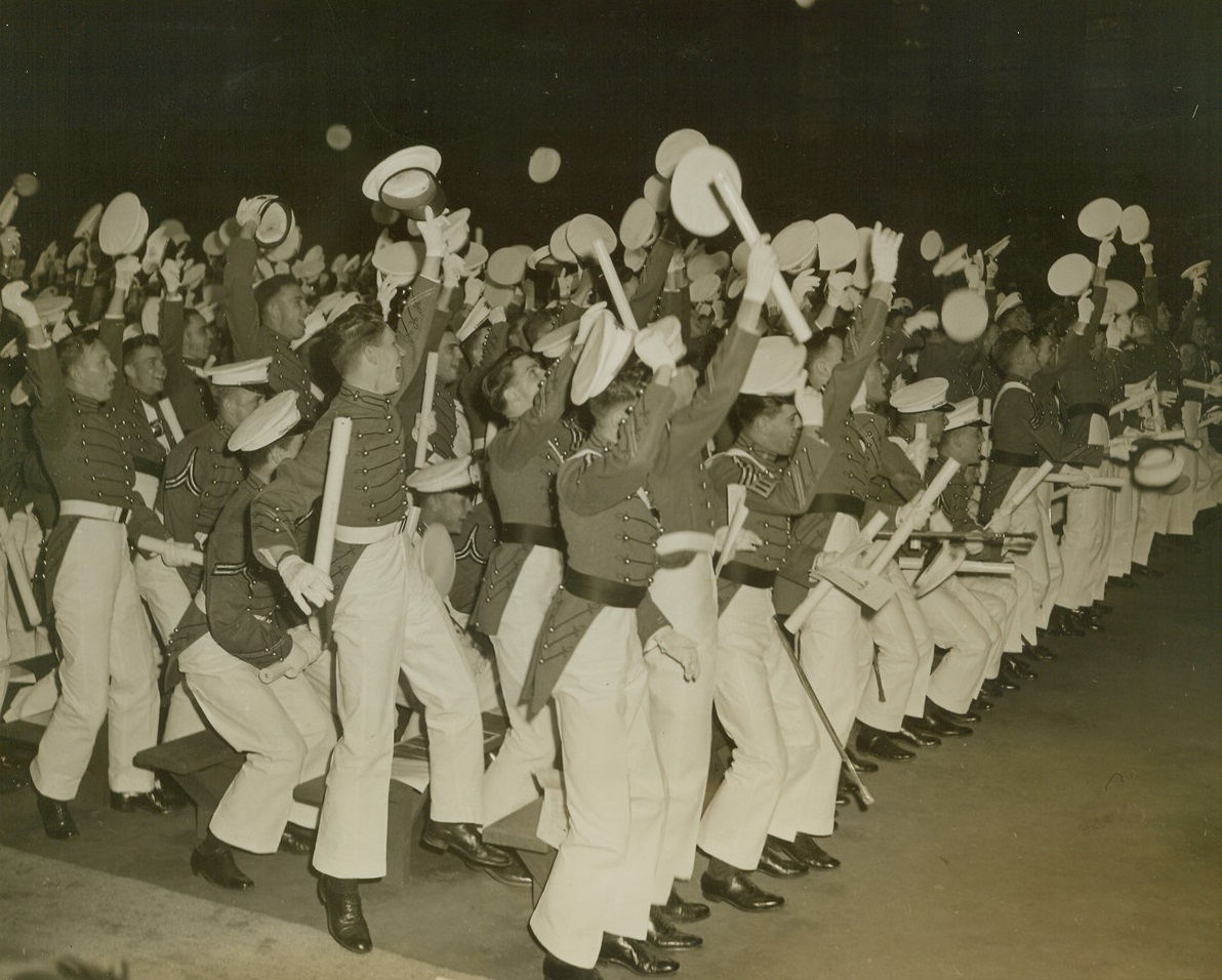 853 Hats in the Air, 6/5/1945. West Point, New York -- In keeping with tradition, 853 cadets toss their hats into the air as the last man in their class receives his diploma during 1945 commencement exercises at the U.S. military academy on June 5. It was the largest class ever to graduate from West Point. Credit: ACME;