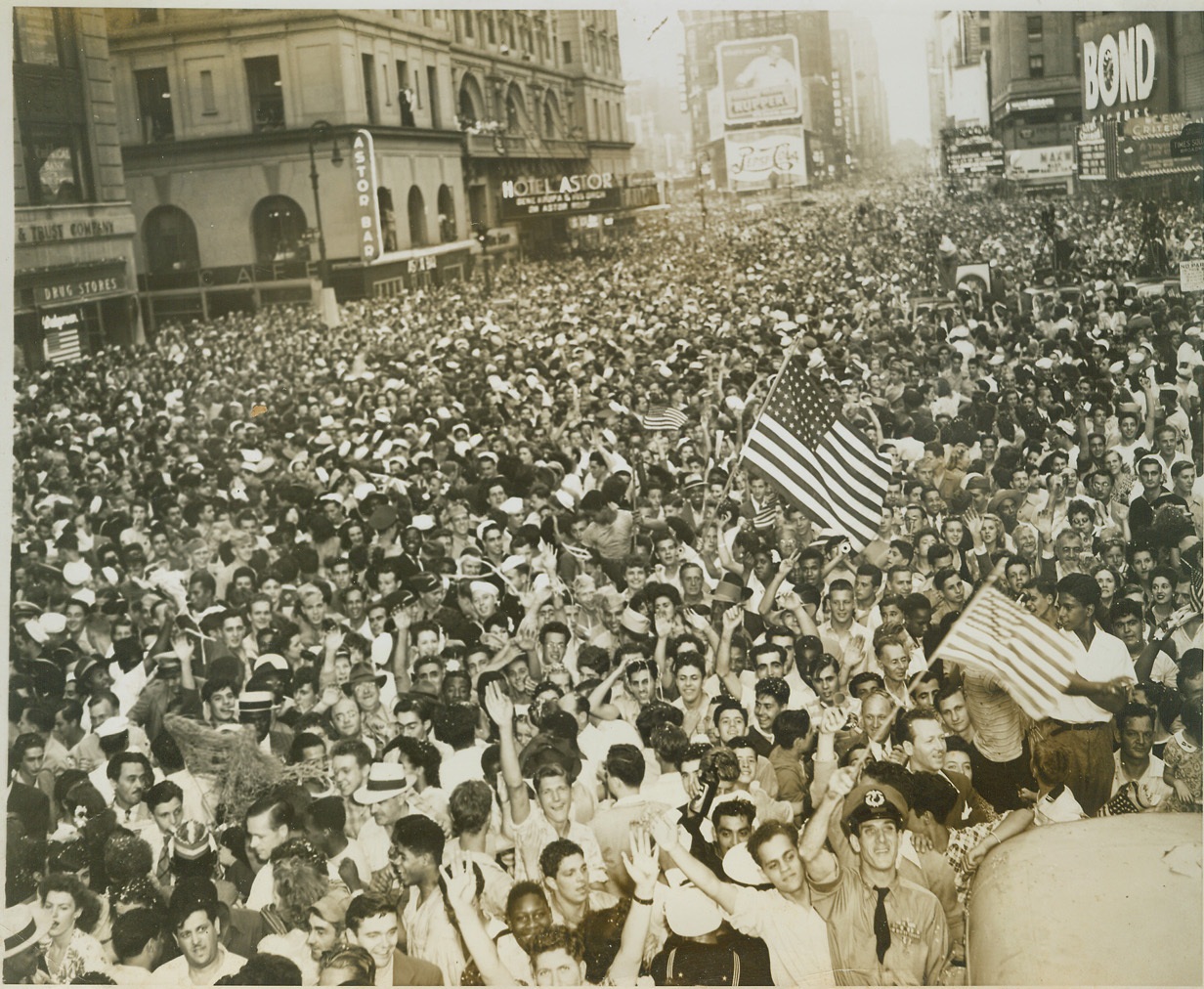 Once in a Lifetime!, 8/14/1945. NEW YORK, N.Y. -- When hours of waiting were ended by the announcement that the war with Japan was over, crowds jammed Times Square from side to side and from 42nd Street to 50th Street. Here, the photographer pictures the largest crowd that ever jammed the famous square. Photo was taken looking North from 42nd Street. Credit: (ACME);