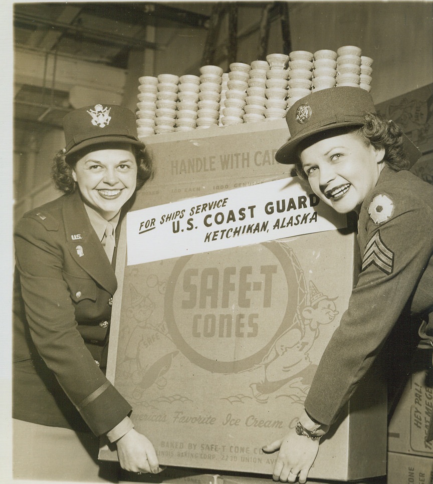 This Is One for the Books. Chicago – Somebody has said that one of the first things American Soldiers ask for when they reach Alaska is an ice cream cone (of all things). So to satisfy that unusual craving, Lt. Elfrieda Heideman (left) of Kewanee, Ill., and Sgt. Mary Jane McGuire of Detroit pack a shipment for the northern outpost.;