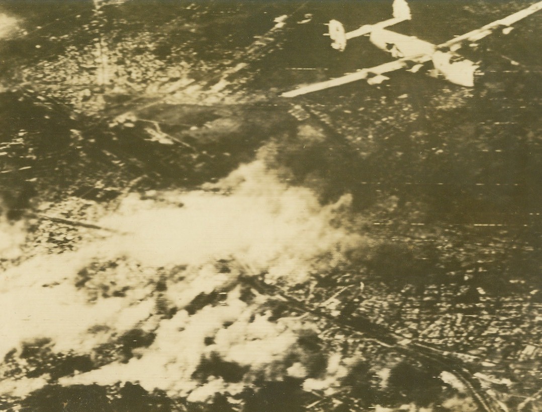 No Title. First telephoto to be released following opening of U.S. Army Signal Corps new direct Radiotelephoto circuit from Naples, Italy. Photo shows bomb bursts scattered throughout railroad yards & surrounding industrial areas at Sofia during record attack Mar. 30 on the Bulgarian Capital. It was the city’s fifth attack of war. Sofia is rail center for most Balkan countries. Signal Corps Radiotelephoto from Acme.;