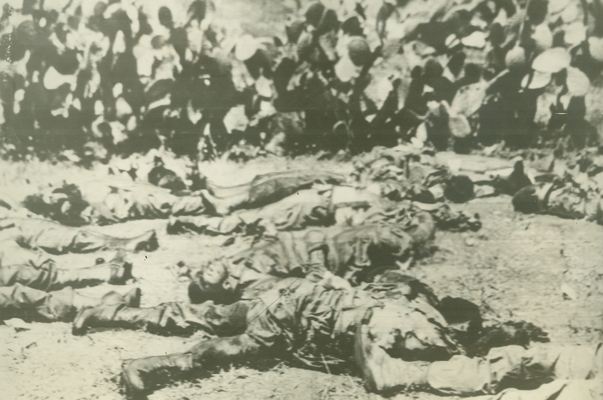 No Title. Although the invasion of Axis territory is preceding successfully, it is not being carried out without casualties. Above, in the first pictures released of American dead on foreign battlefields, American paratroopers lie dead in Sicily, shot down by gunfire during first days of Sicilian campaign. U.S. Army Signal Corps Photo;