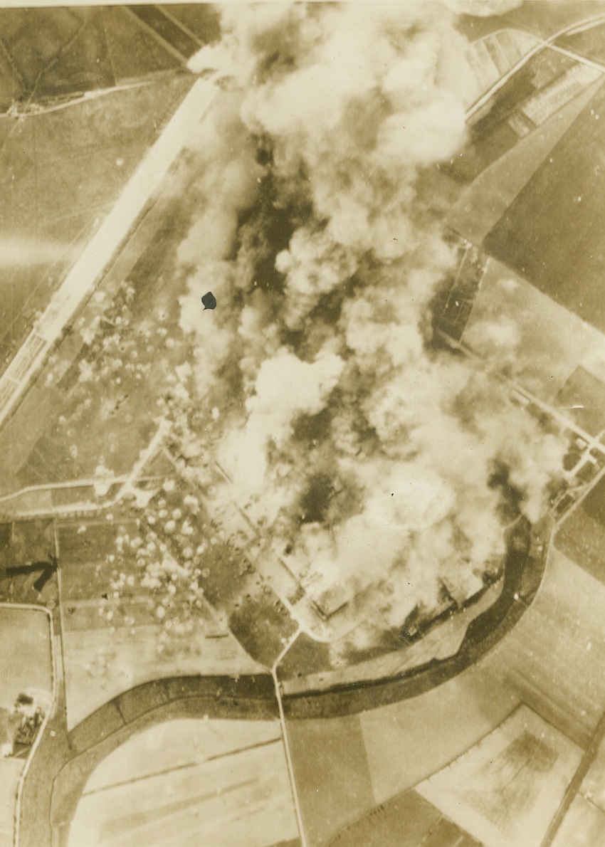No Title. Chief of Army Air Forces Gen. Arnold termed this raid on Fock-Wulf 190 factory at Marienburg, East Prussia as one of the finest examples of daylight precision bombing. One of 4 made Oct. 9, raid consisting of strong formations of Flying Fortresses and Liberators made deepest penetration into Germany. Photo shows bombs bursting around plant creating enormous clouds of smoke all within comparatively small area of target. Air Force Photo;