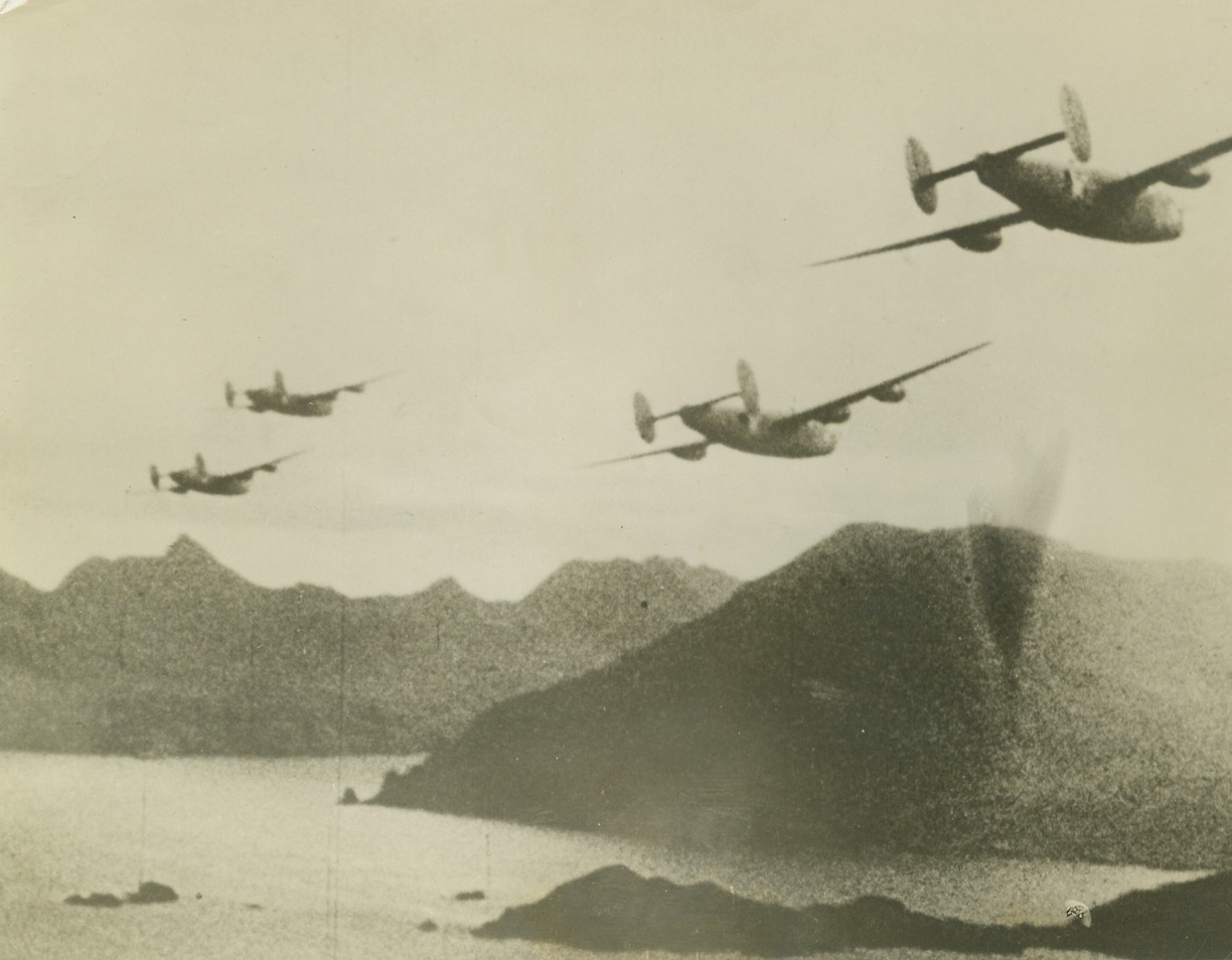 No Title. B-24 Liberators in air over Kiska, Alaska.;
