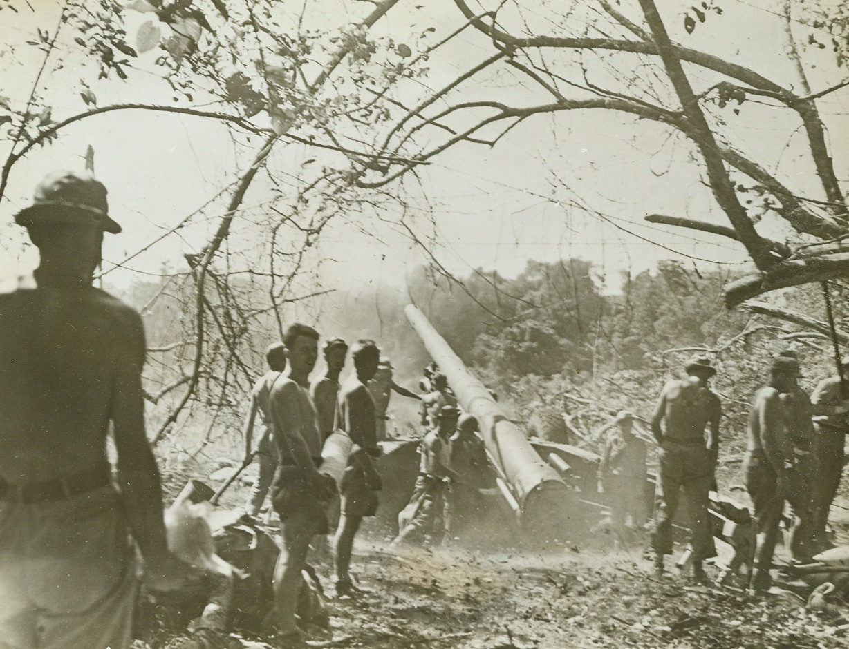 US Army shelling Jap lines after relieving USMC.
