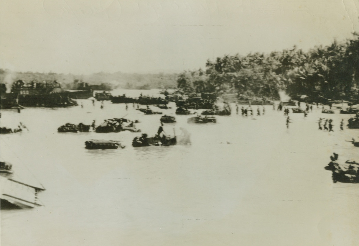 The beach at Morotai in the Pacific during assault by MacArthur’s forces.