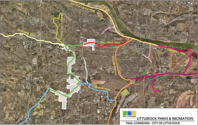 CLR Parks and Recreation's map of main trail corridors throughout Little Rock.