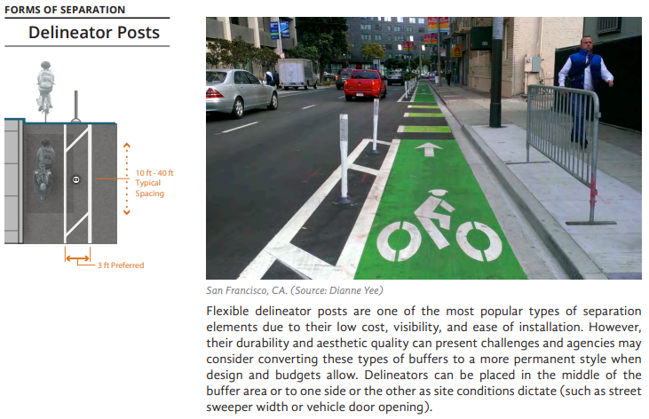 FHWA description of a bike lane protected by delineator posts.