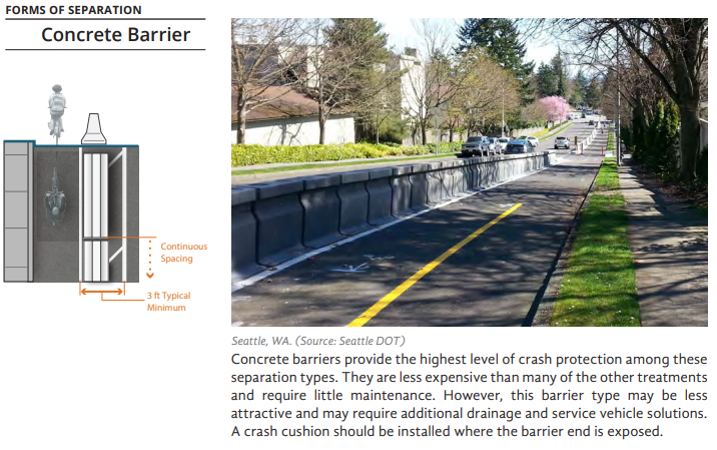 FHWA description of concrete barriers as a physical protection for a bike lane.
