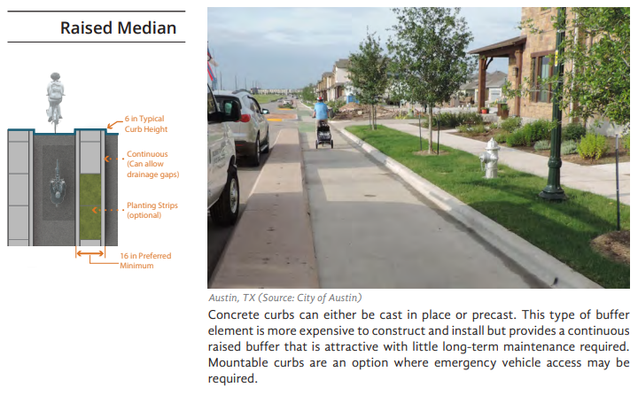 FHWA description of a raised median as a physical protection for a cycle track.