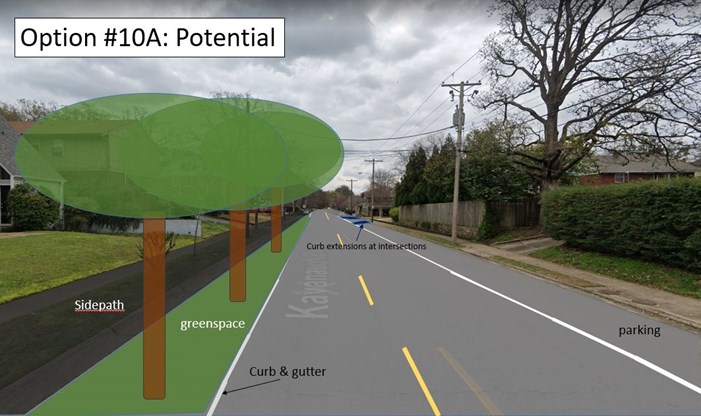 Streetview of Kavanaugh with a sidepath and tree arbor.