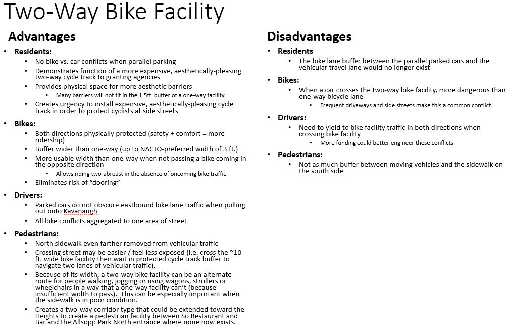 Advantages and disadvantages of a two-way cycle track on Kavanaugh
