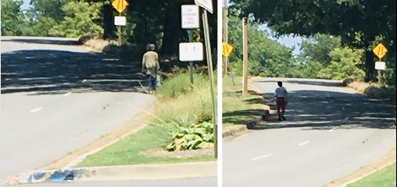 Photos of people walking on Jonesboro without a sidewalk.
