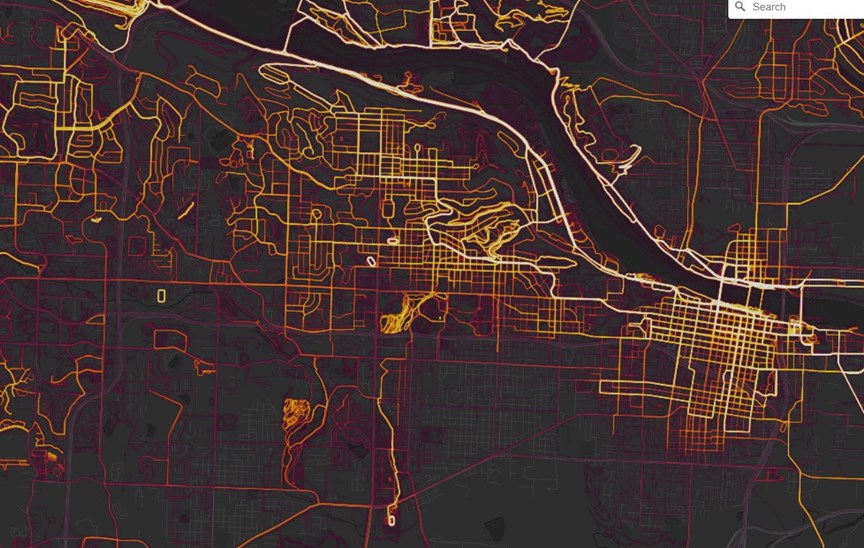 Strava's heat map for walking and biking in Little Rock.