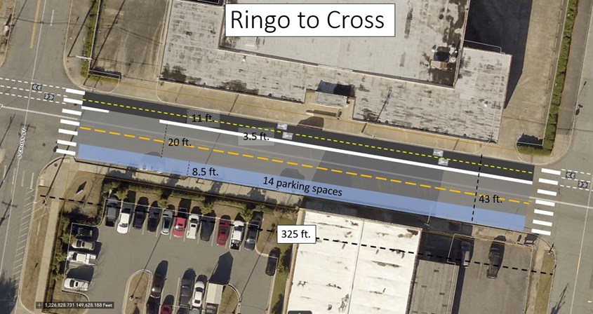 Design concept of two-way cycletrack from Ringo to Cross.
