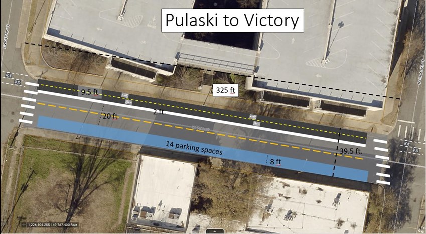 Design concepts of two-way cycletrack from Pulaski to Victory.