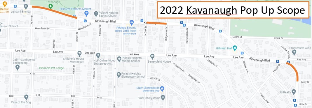 Map showing the three sections of Kavanaugh with pop up bike lanes.