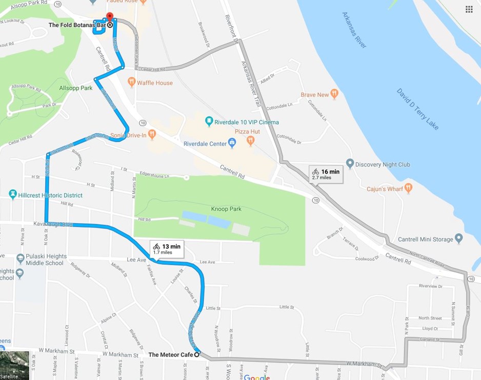 A map of bicycle routes from The Meteor Cafe to The Fold