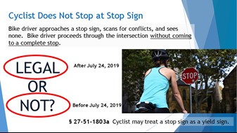 Slide from the Friendly Driver Program explaining the stop as yield law for Arkansas cyclists passed in 2019