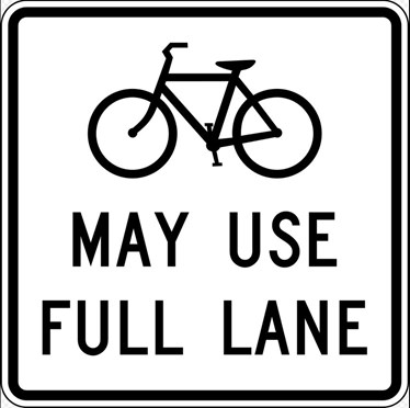 MUTCD R4-11 signage stating "Bicyclists may use full lane"