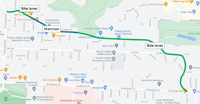 Map of where bike lanes and sharrows are proposed on Kavanaugh