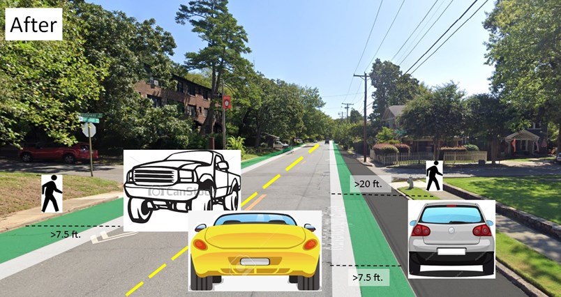 Google streetview illustrating how bike lanes on Kavanaugh protect pedestrians on the sidewalk and parked cars.