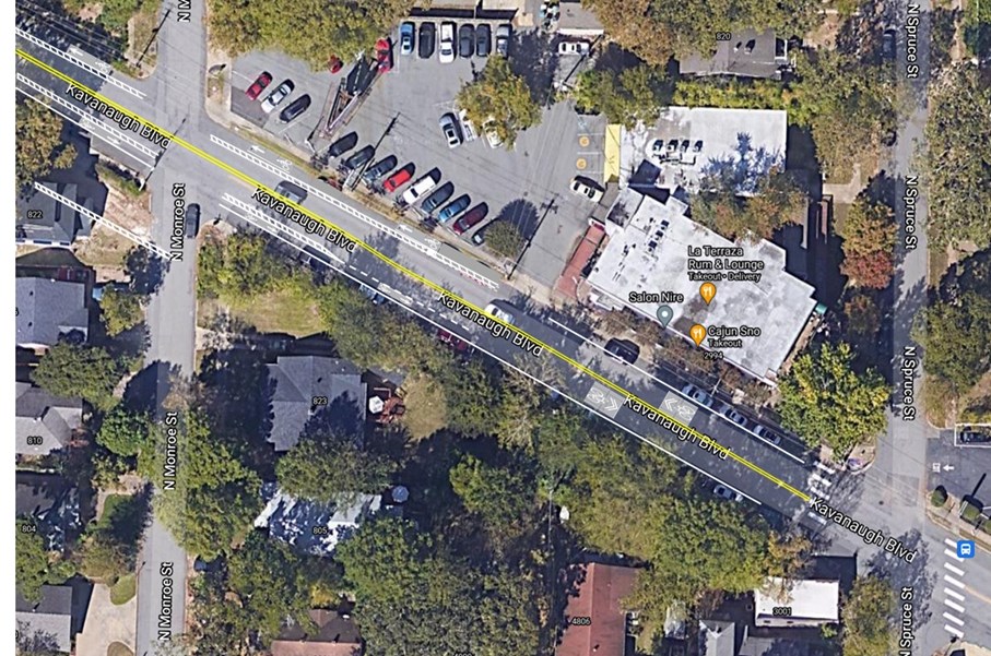 An aerial photograph of the proposed lane configuration in front of Hillcrest Square.