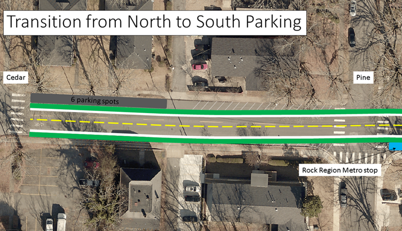 Transition of parking from south to north side of the street between Pine and Cedar Streets.