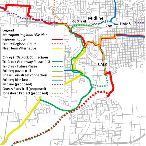 The Tri-Creek Greenway Phases 1-2 superimposed onto Metroplan's Regional Bike Network.