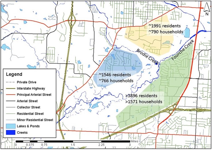 Map showing how Brodie Creek, Fourche Creek, and the street grid separate these areas.