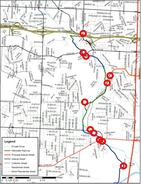 Map of the Tri-Creek Greenway Phase 3 with connections to the street grid shown by red circles.