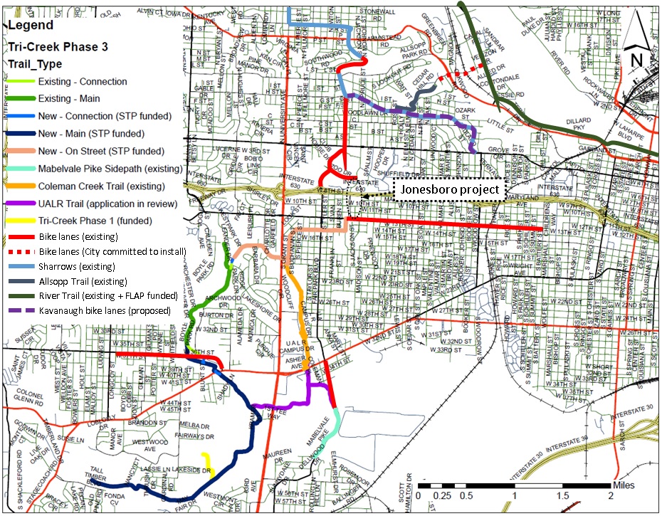 Map showing how Jonesboro connects the bike network south of I-630 with the bike network north of I-630.