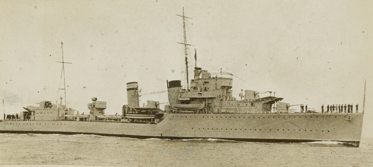 British Destroyer Grenville Sunk in North Sea, 1/20/1940 London – The British Admiralty announced January 21st that the destroyer Grenville (above) of the British Navy had been sunk in the North Sea. It was said that the ship had been sunk by either a mine or a torpedo and that eight men were known dead and seventy-three missing. Credit: ACME;