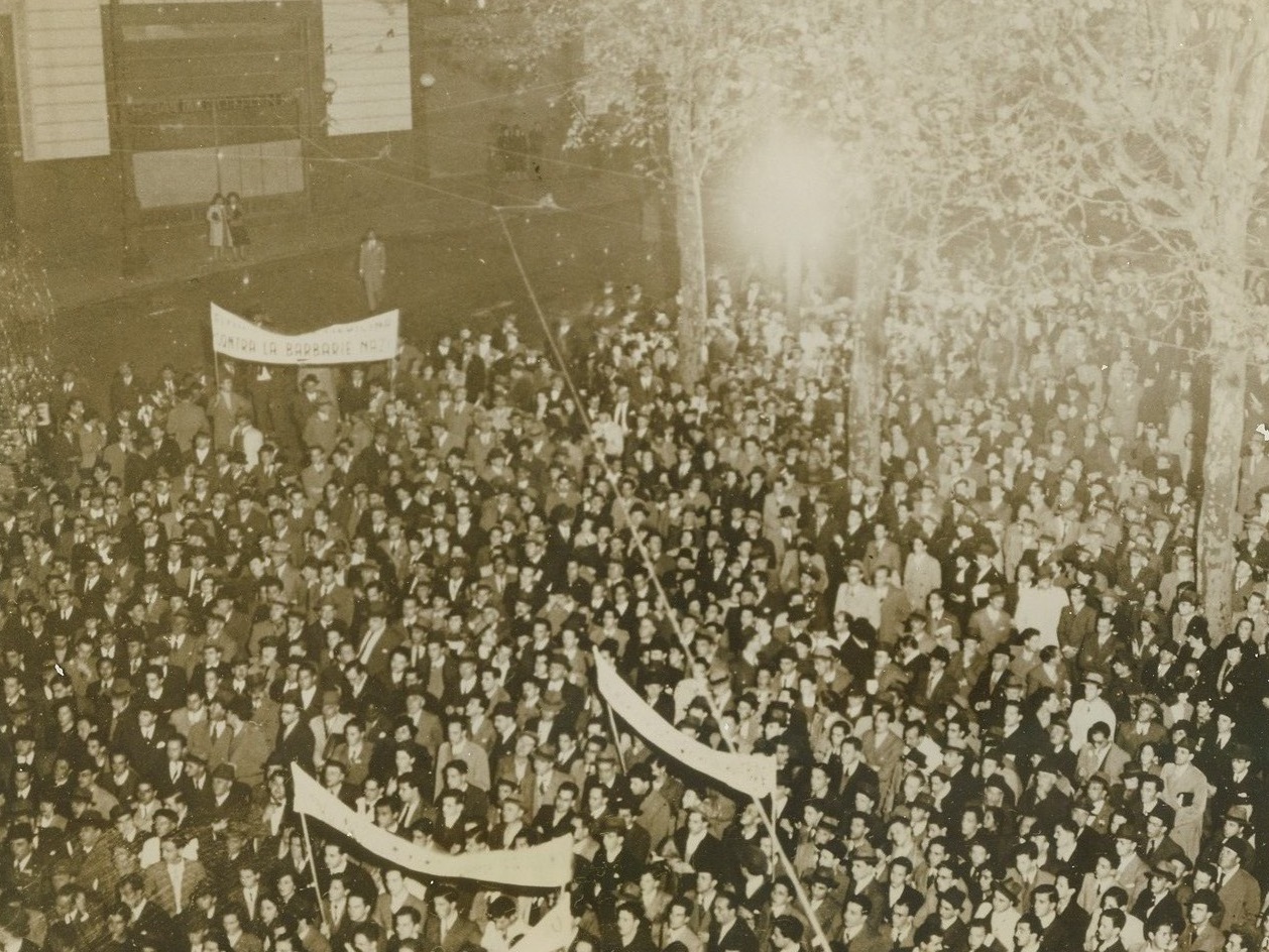 Anti-Nazi Demonstration in Montevideo, 5/25/1940  Montevideo, Uruguay – It seems that although the German Pocket-Battleship Graf Spee found temporary sanctuary in this city before it was scuttled, some Montevideans weren’t exactly delighted hosts. As witness, this general view of a recent anti-Nazi demonstration in the Uruguayan capital. Credit: ACME;