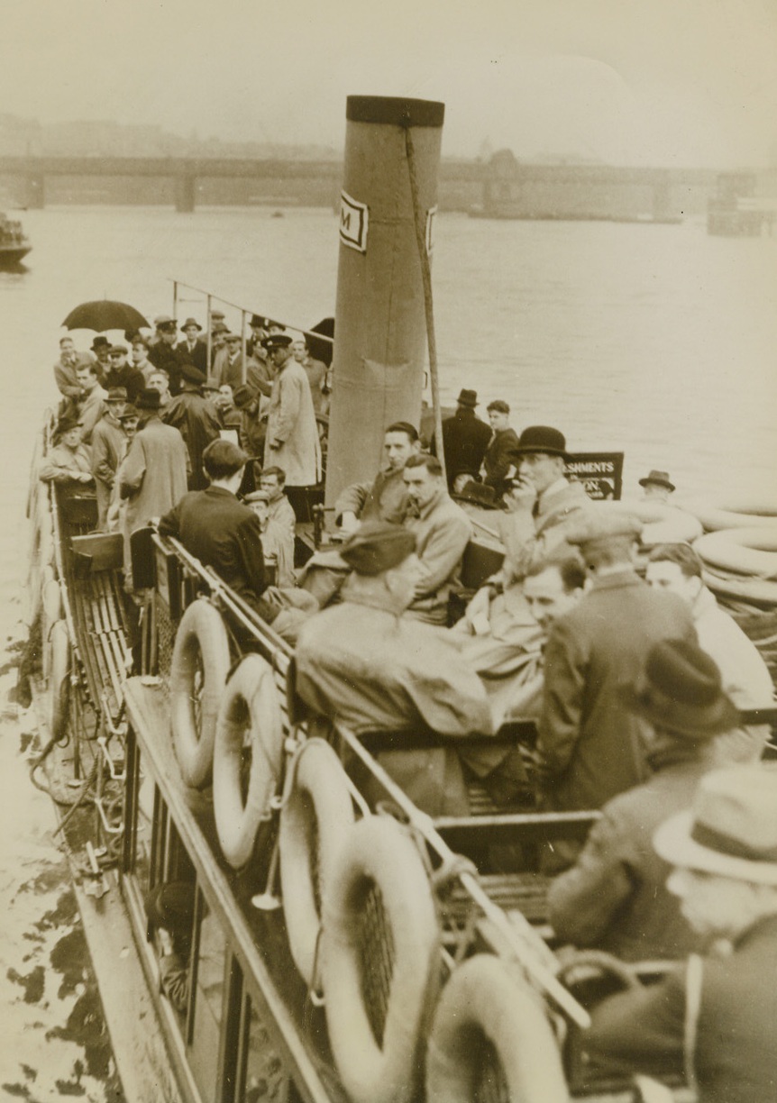 RIVER TRAVEL TO RELIEVE LONDON CONGESTION, 9/20/1940  LONDON—This is one of new ferryboats operating on the Thames River to relieve road congestion in London. The boats, operation between Woolwich and Westminster, will run on a 20-minute schedule.  Credit Line (ACME);