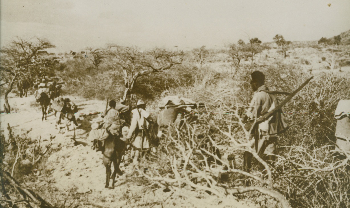 As Italians Advanced on British Somaliland, 9/26/1940  British Somaliland—Italian Arab troops advancing toward Adadlei, before English forces were evacuated from British Somaliland.Credit: ACME.;