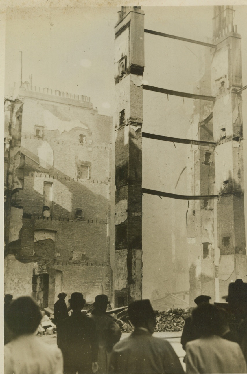 Night Raiders Concentrate on Central London, 10/18/1940  LONDON -- Three tall chimney stacks were left standing after an office building had been wrecked in Chancery Lane - a center of the legal profession - during a recent night air raid by Nazi bombers. Credit: (ACME);