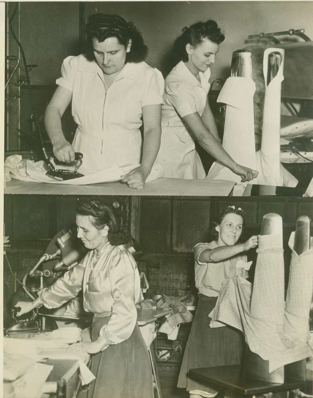 TO STAGE SHIRT-IRONING CONTEST, 1/10/41  CLEVELAND, O.- Two teams of two women each from two laundries here will vie for shirt-ironing honors. The women, using latest equipment instead of traditional flat iron, will see who can turn out the greatest number of men’s shirts in an hour. In top photo Miss Julia Metro, left, and Mrs. Mary Tackas will represent The Rapid Three Hour Laundry. Below Miss Julie Bradia, left, and Miss Mary Varovac will uphold hone of New Method Laundry. Credit: OWI Radiophoto from ACME;