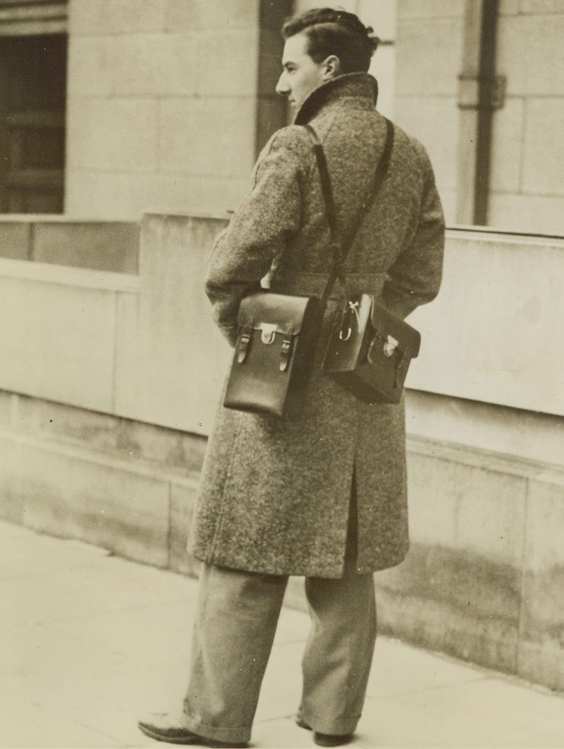 BRITAIN EXECUTES “RADIO SPIES”, 1/14/41  LONDON: - In leather cases such as this man is carrying, Jose Waldberg, 25 year-old German frm Mainz, and Karl Meier, 24, a Dutch subject of German origin, carried radio transmitting sets with which they sent information to Germany from England.  They were received in England as refugees, mingled with people during the day and in the night would retire to a lonely spot to transmit their messages. Captured, they were convicted under the Treachery Act and hanged at Pentonville Prison.  Photo passed by British censor. Credit: Acme;