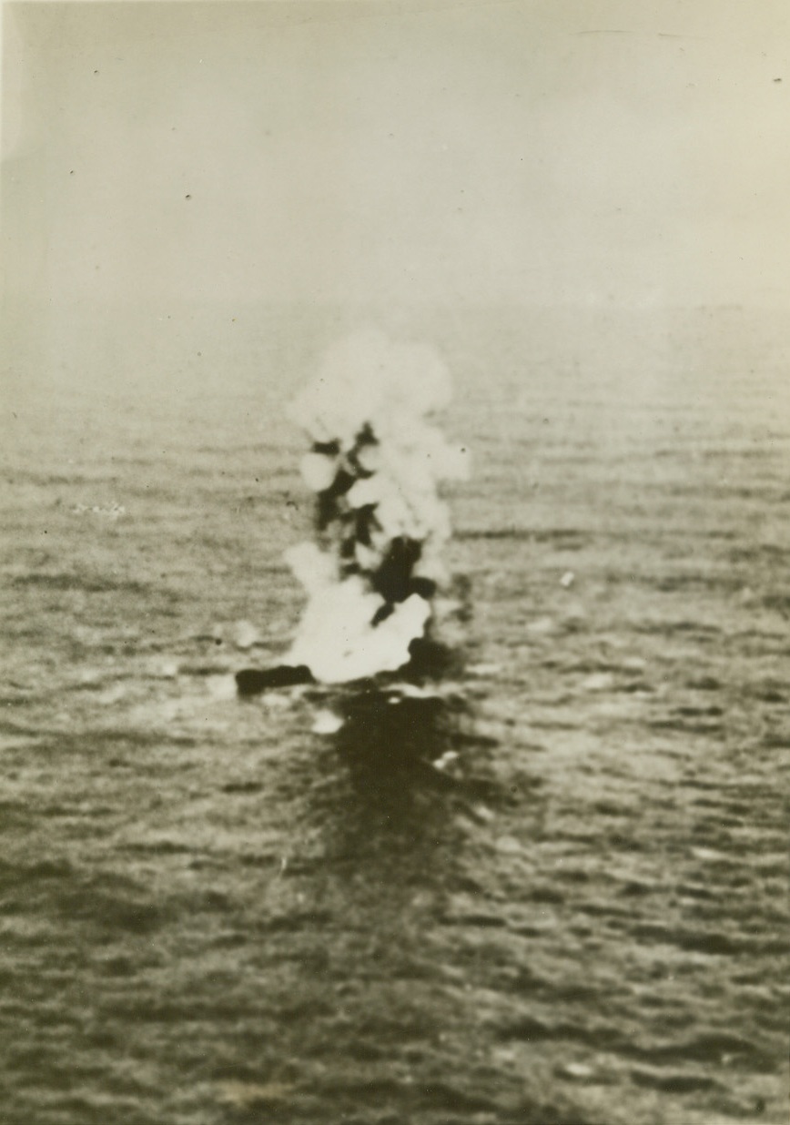 HOW GERMANY WARS ON BRITISH SHIPPING FROM AIR, 3/16/41  GERMANY – A huge volume of smoke and flame pour from the stricken British freighter as she explodes before sinking after being struck by explosive and incendiary bombs dropped on her by a long-range German bomber, according to the German censor-passed caption on this, one of a series of dramatic pictures of how German bombers prey on British shipping. Credit: ACME;