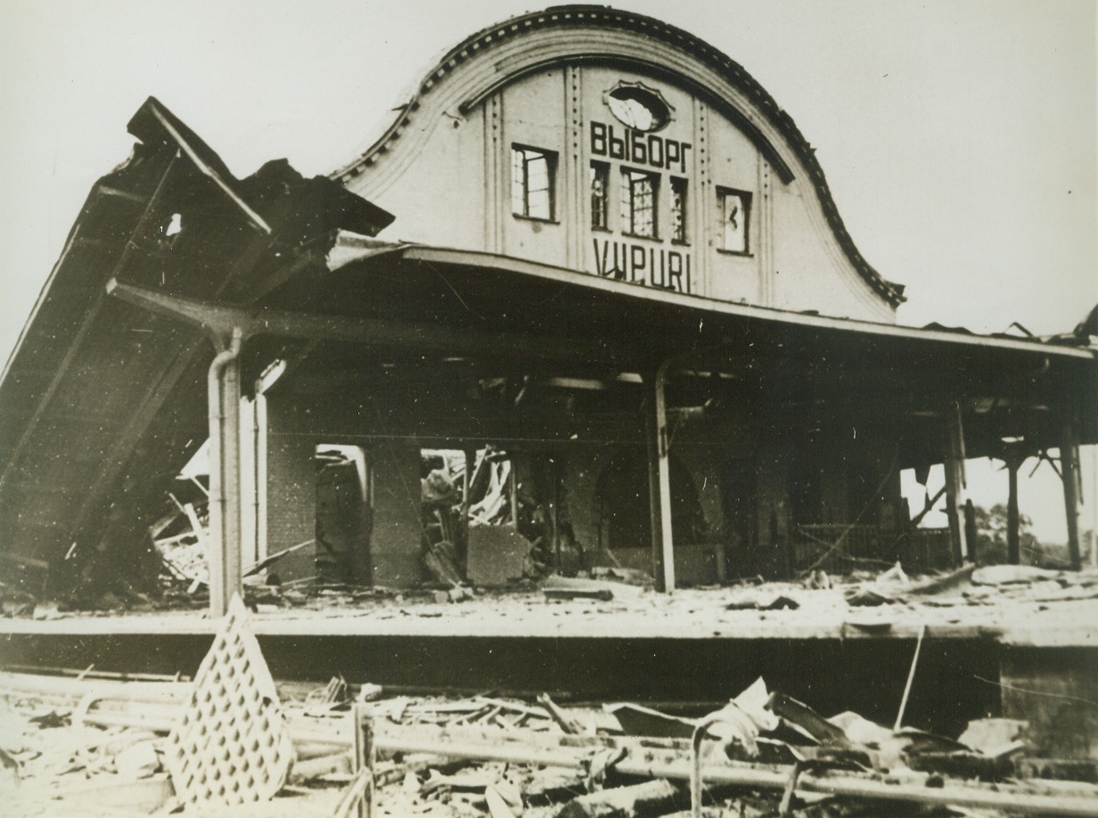 Russians Blow Up Own Railroad Station, 11/2/41  Russia – This is how the railroad station in Viipuri looked to an official German photographer after it was blown-up by retreating Red Army. (Passed by German Censor). Credit: ACME;