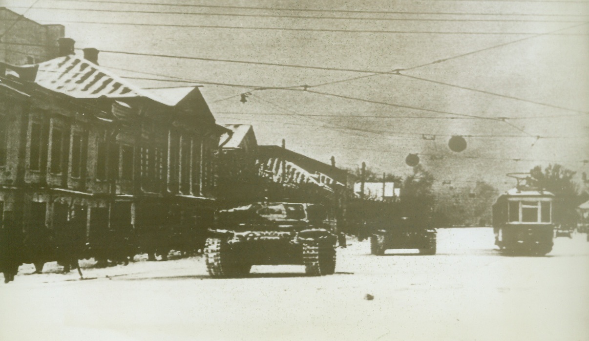 German Troops in Kalinin, 11/3/41  Russia: German tanks storm into the Soviet city of Kalinin, some 60-miles North of Moscow. Radiophoto was flashed from Berlin to New York today. (Passed by German Censor). Credit: Official German photo from ACME;