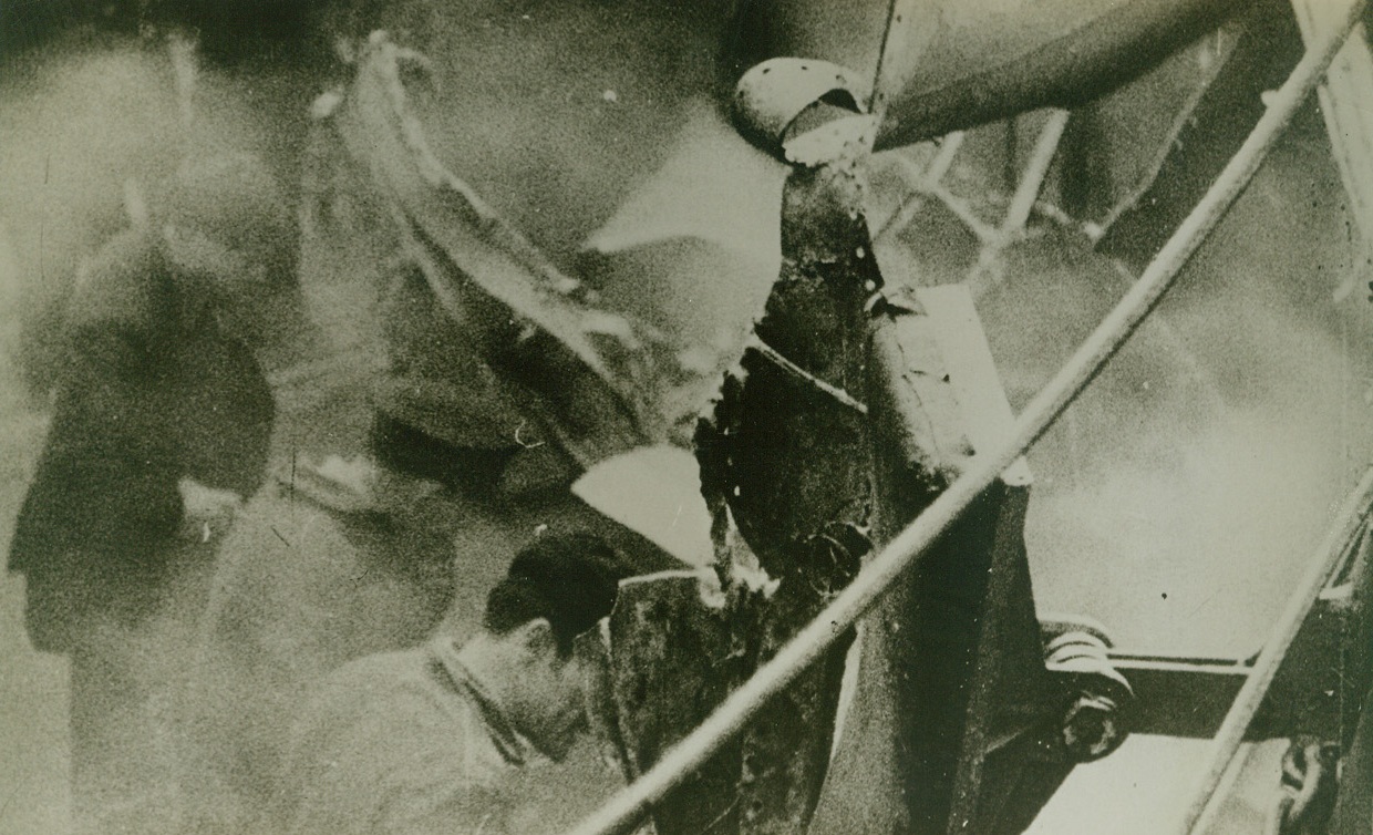 First Photos Of Torpedoed USS Kearny, 10/29/1941. Here are the first pictures of the U.S. Destroyer Kearny after it was torpedoed on Oct. 16-17 some 350 miles southwest of Iceland. Navy Secretary Frank Knox revealed the Kearny, escorting a convoy, received distress signals from another convoy under attack from several German subs. Speeding to help, the crack Destroyer was torpedoed. The blast killed eleven men and injured ten. Photo shows members of Kearny crew inspecting the twisted wreckage below decks after the ship had put in at port which the Navy would not identify. 10/29/41 (US Army Signal Corps);